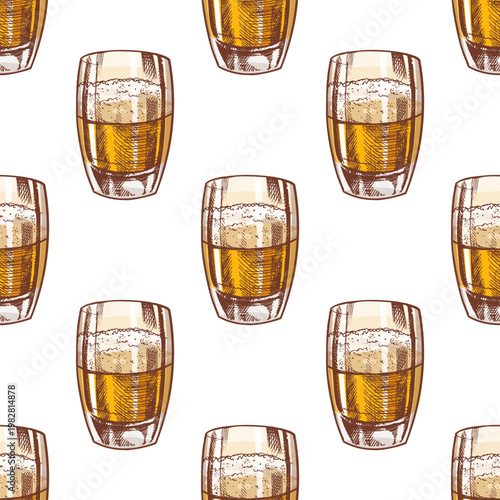 Hand drawn vintage seamless pattern of beer glass with foam illustration in warm golden color tones