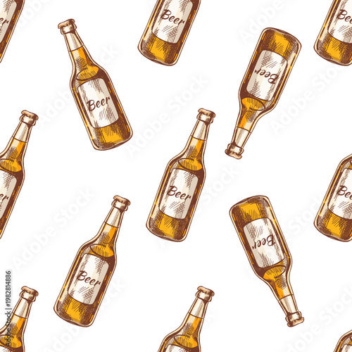 Hand drawn vintage seamless pattern of beer bottle with label and cap illustration in warm golden tones