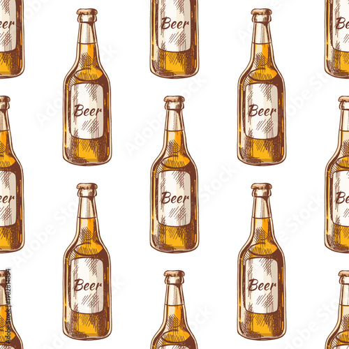 Hand drawn vintage seamless pattern of beer bottle with label and cap illustration in warm golden tones