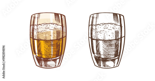 Hand drawn vintage sketch of beer glass with foam in color and monochrome isolated illustration set