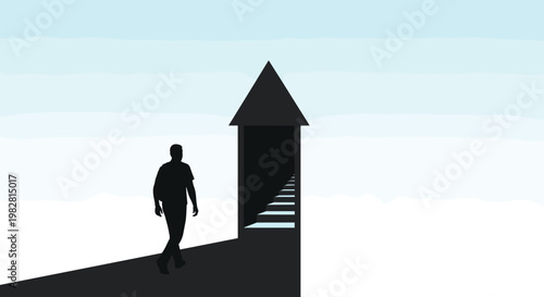 Man silhouette walks along a path toward an arrow-shaped doorway that leads to a staircase in the sky representing success.