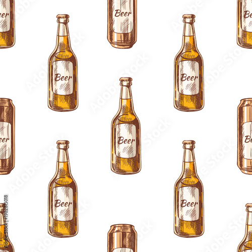 Hand drawn vintage seamless pattern of beer bottle and can with label illustration in warm golden tones