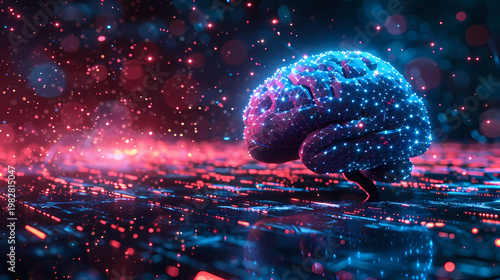 Vertical glowing digital human brain with neural network particles and bokeh light on blue background, concept for artificial intelligence, deep learning and cognitive technology.