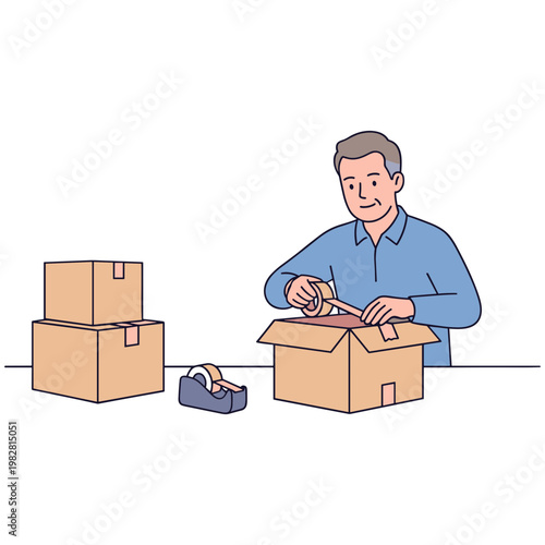 Man packing boxes with tape in a room with stacked cardboard containers