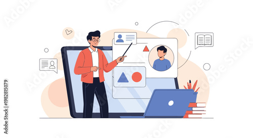 Online Education Concept: Teacher Presenting on Laptop Screen, E-learning and Digital Classroom