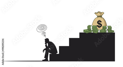 Pensive businessman sitting on a dark staircase while contemplating financial strategies to achieve wealth and success.