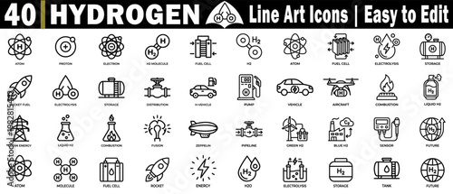 Hydrogen fuel cell and H2 molecule line icons. Style for technology and clean energy innovation concepts vector illustration.