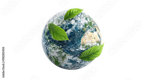 Earth with green leaves on transparent background symbolizing eco friendly and environmental conservation on earth day
