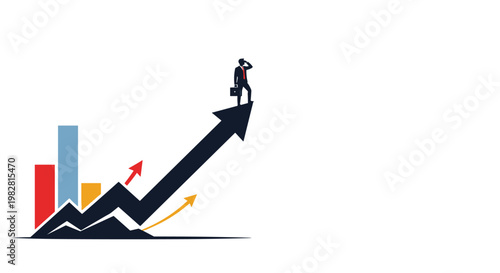 Visionary businessman standing on a rising growth arrow looking through binoculars toward a bright future for his company.