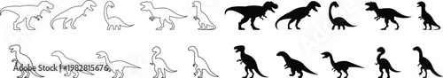 Dinosaur icon set, A vector of abstract black dinosaurs icons in various poses . Perfect for graphic resources, educational materials, presentations. prehistoric animals, extinct creatures symbols