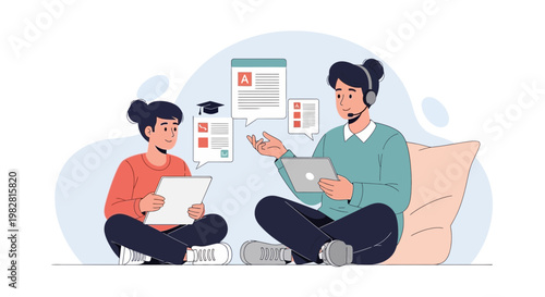 Online learning: student and tutor discussing lessons on tablets, education concept