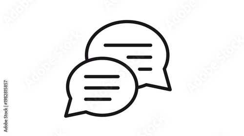 Minimalist black line vector icon illustration of two overlapping speech bubbles with text lines, symbolizing communication, conversation, chat, dialogue, messaging, and social interaction.