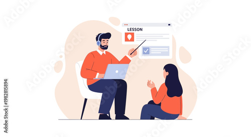 Online Learning: Teacher Instructs Student via Laptop and Digital Lesson