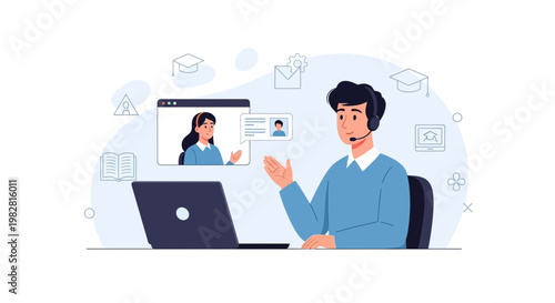 Online learning, remote education, video call, student and teacher, laptop, headset