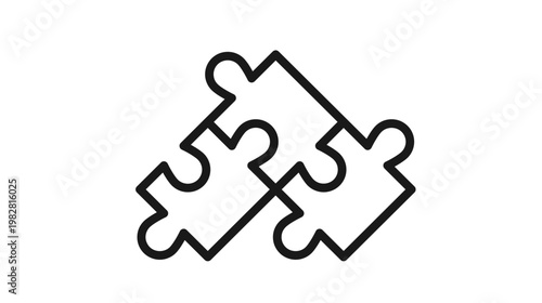 Minimalist black line vector icon of three interlocking puzzle pieces representing teamwork, strategic solution, business integration, and creative problem solving; scalable graphic illustration.