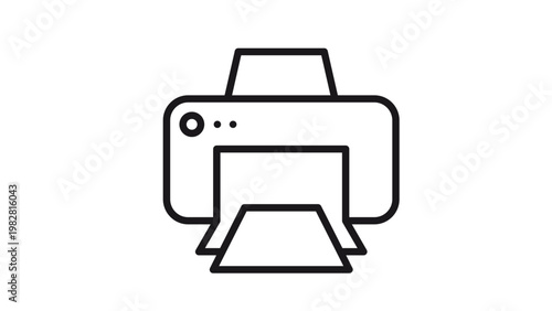 Minimalist black line printer vector icon illustration. Clean and scalable symbol of a computer peripheral office device for printing documents, papers, and photos on a white background.