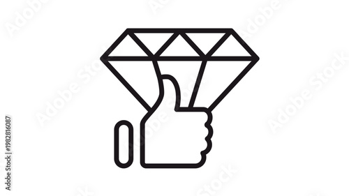 Premium quality diamond with thumbs up hand gesture vector icon illustration. Black line art symbol representing excellence, high value, luxury approval, and superior standard on white background.