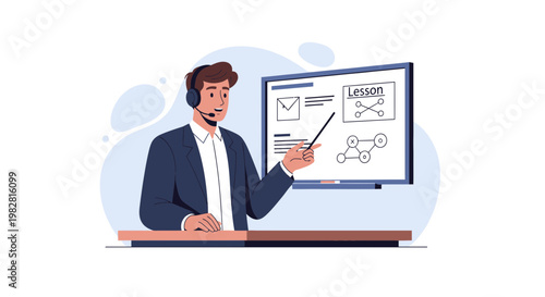 Online Teacher with Headset Presenting Lesson on Whiteboard, Digital Education Concept