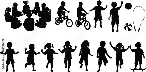 Kids silhouette set, children playing and activities collection, boys and girls poses, childhood lifestyle, fun sports vector illustration isolated