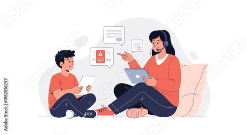 Online Tutoring: Teacher guides student with tablet and warning icon