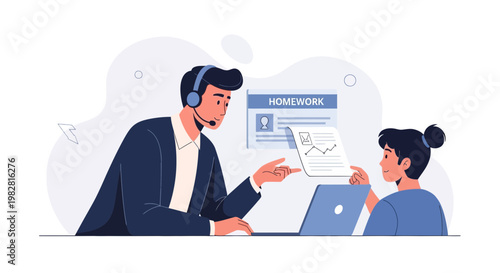 Online tutoring, homework help, remote education, student learning with teacher via laptop