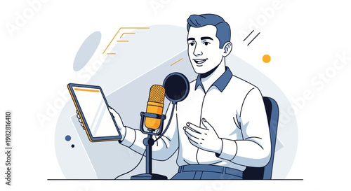 Podcaster Speaking into Microphone with Tablet, Live Streaming, Online Radio Show