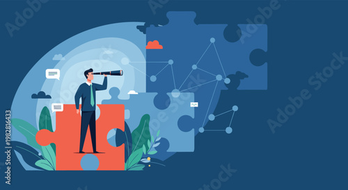 Strategic businessman using a telescope to look at distant puzzle pieces representing future planning and vision.