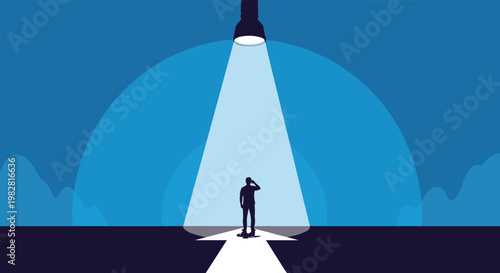 Individual standing on a large white arrow under a bright spotlight representing professional recognition and direction.