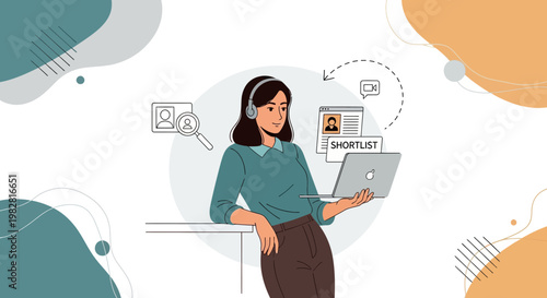 Woman with headphones and laptop, reviewing candidates and shortlisting for job