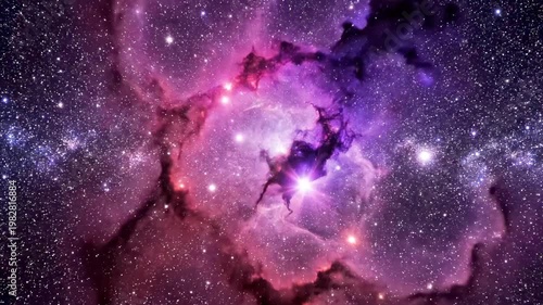 A vibrant nebula glows with shades of pink, purple, and white amidst a starry night sky