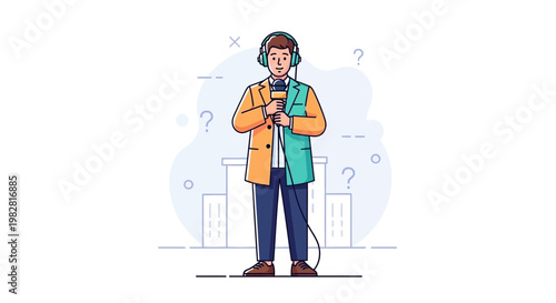 Reporter with Microphone and Headphones, Live Broadcast, Interviewer, News Gathering
