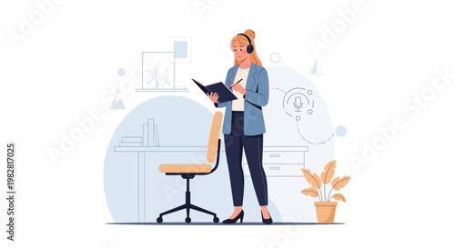 Woman with headphones taking notes in a modern office, podcasting concept
