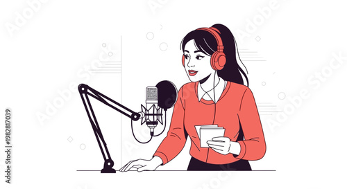 Woman with headphones recording podcast with microphone in studio, illustration