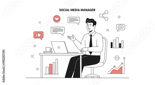 Social Media Manager Working on Laptop, Analyzing Graphs and Social Media Icons