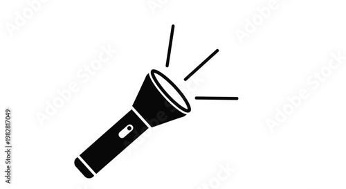 Minimalist black icon of a handheld flashlight emitting rays of light representing search, exploration, and discovery.