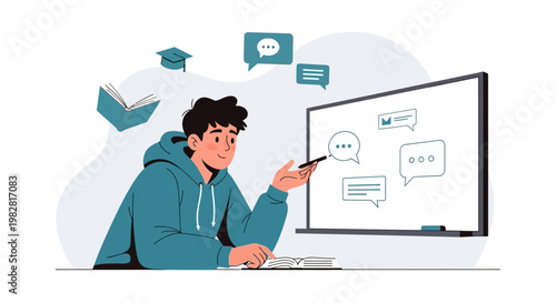 Student learning online, pointing at whiteboard with speech bubbles, education concept
