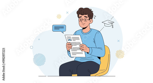 Student Worried About Resume and Job Application, Graduation Cap Icon