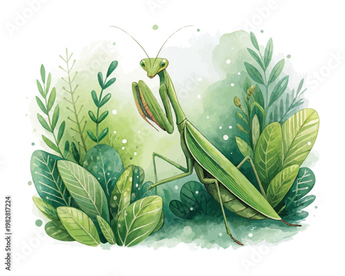 Watercolor Praying Mantis, Green Garden Insect Art, vector illustration isolated on white background