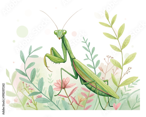 Watercolor Praying Mantis Illustration, Green Garden Insect Art, isolated on white background