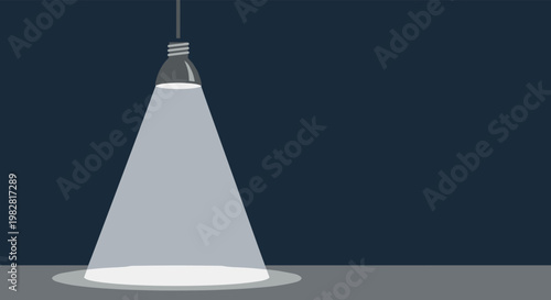 Simple black lamp icon hanging from a wire and casting a bright cone of light representing a new idea or highlight.