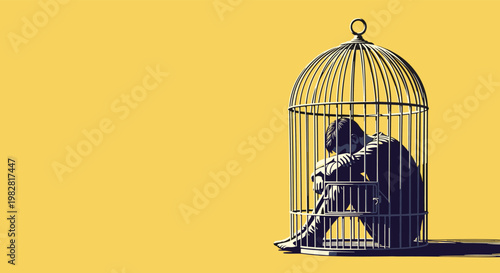 Sad and lonely person curled up inside a giant birdcage on a bright yellow background representing isolation and grief.