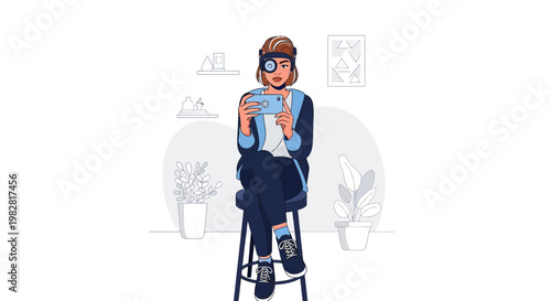 Woman with VR headset and controller, sitting on stool, virtual reality experience