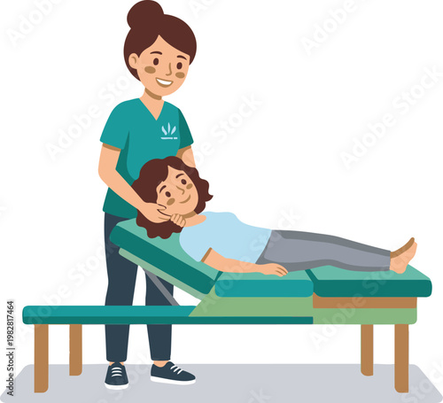 Flat-style illustration of a physiotherapist assisting a patient during a back therapy session on a treatment table in a clinical setting.
