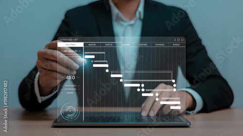 Businessman interacting with a digital Gantt chart on a futuristic interface representing project management and planning for business.