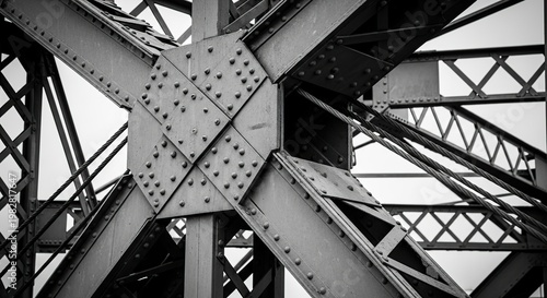 Detail of a steel bridge structure, rivets, cables, industrial engineering, abstract geometry, black and white.-gigapixel