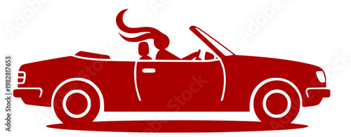 Red silhouette of a woman driving a convertible car