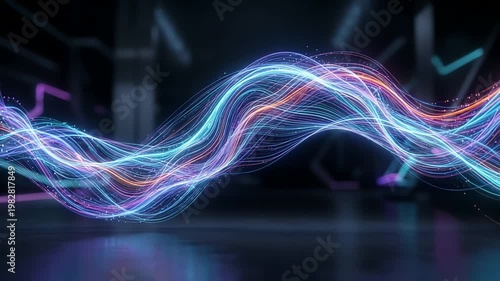 Abstract digital wave patterns in a futuristic setting with glowing lights and reflections
