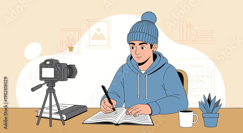 Young man in beanie studying and filming himself with camera, online learning concept