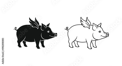Winged Pig Icons, Black and White Vector Illustrations, Flying Pig Graphics, Cartoon Animal Symbols