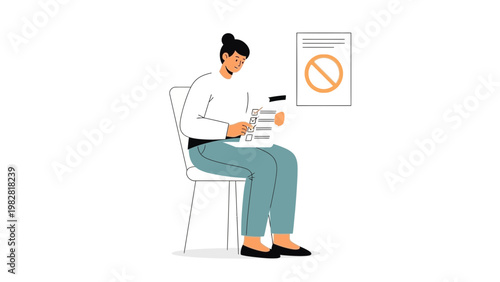 Woman reviews checklist with prohibition sign, symbolizing rejection or denial